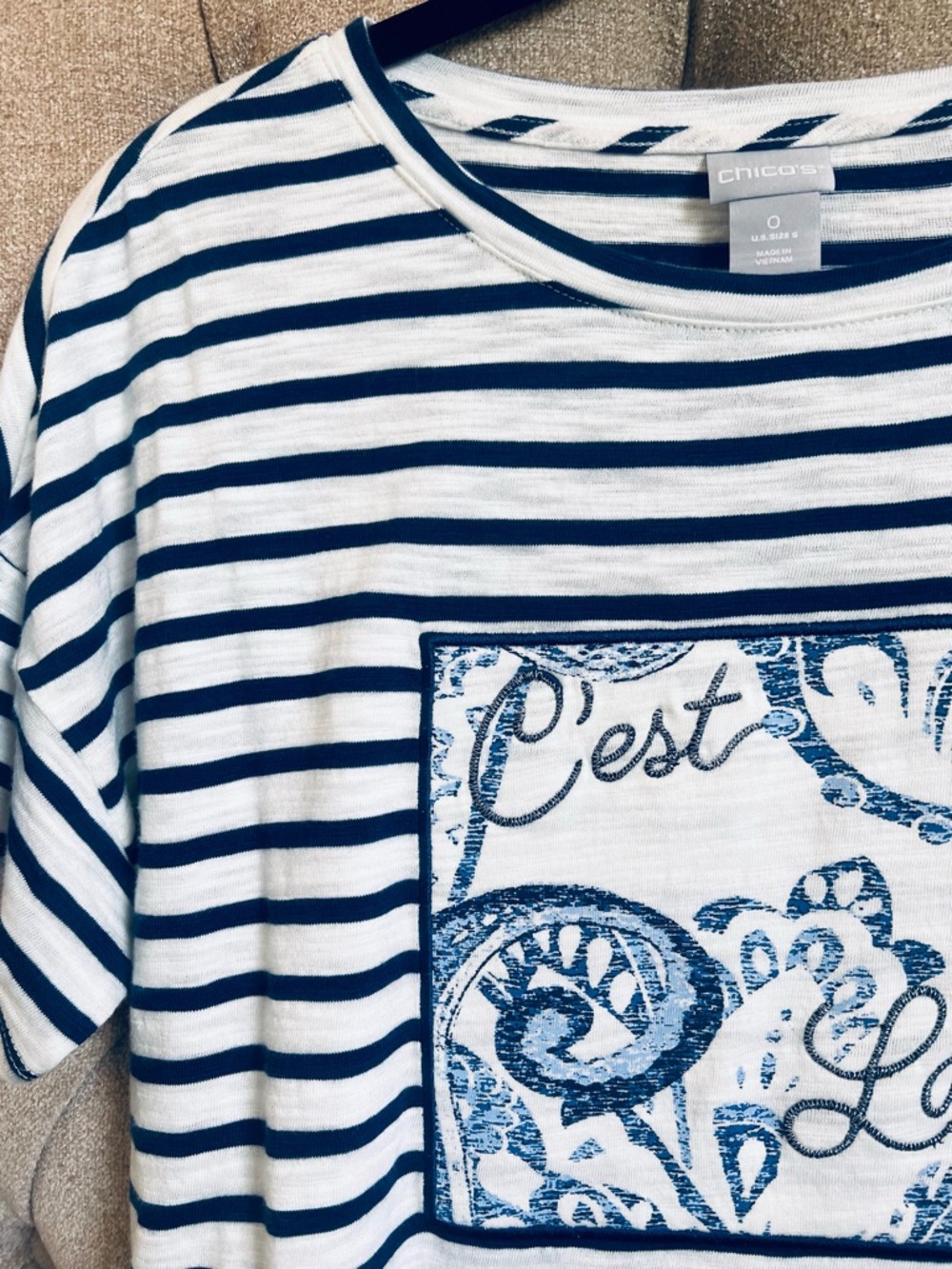Chico’s Navy Blue striped cotton t-shirt c’est la vie Chico’s size 0 small